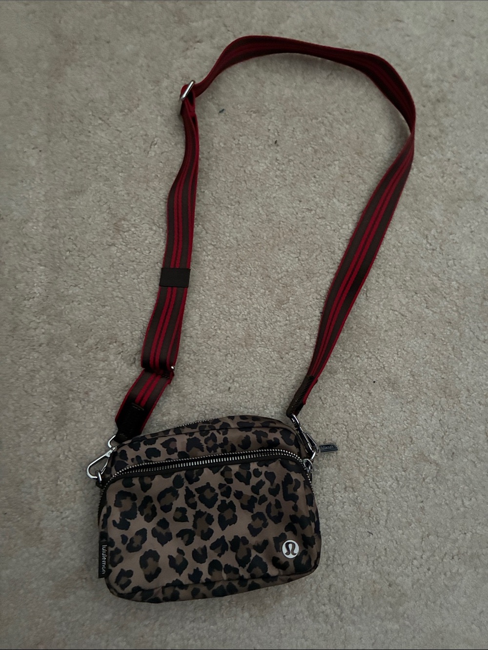lululemon athletica Leopard Print Crossbody Bag with Red-Striped Strap